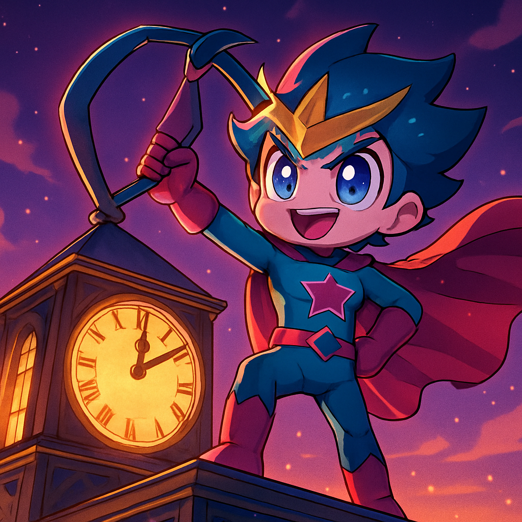 Superhero god bending a giant clock hand atop a glowing tower at twilight